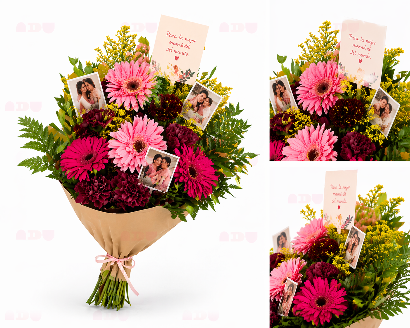 Ramo Teresa con flores rosadas y carta para mamá