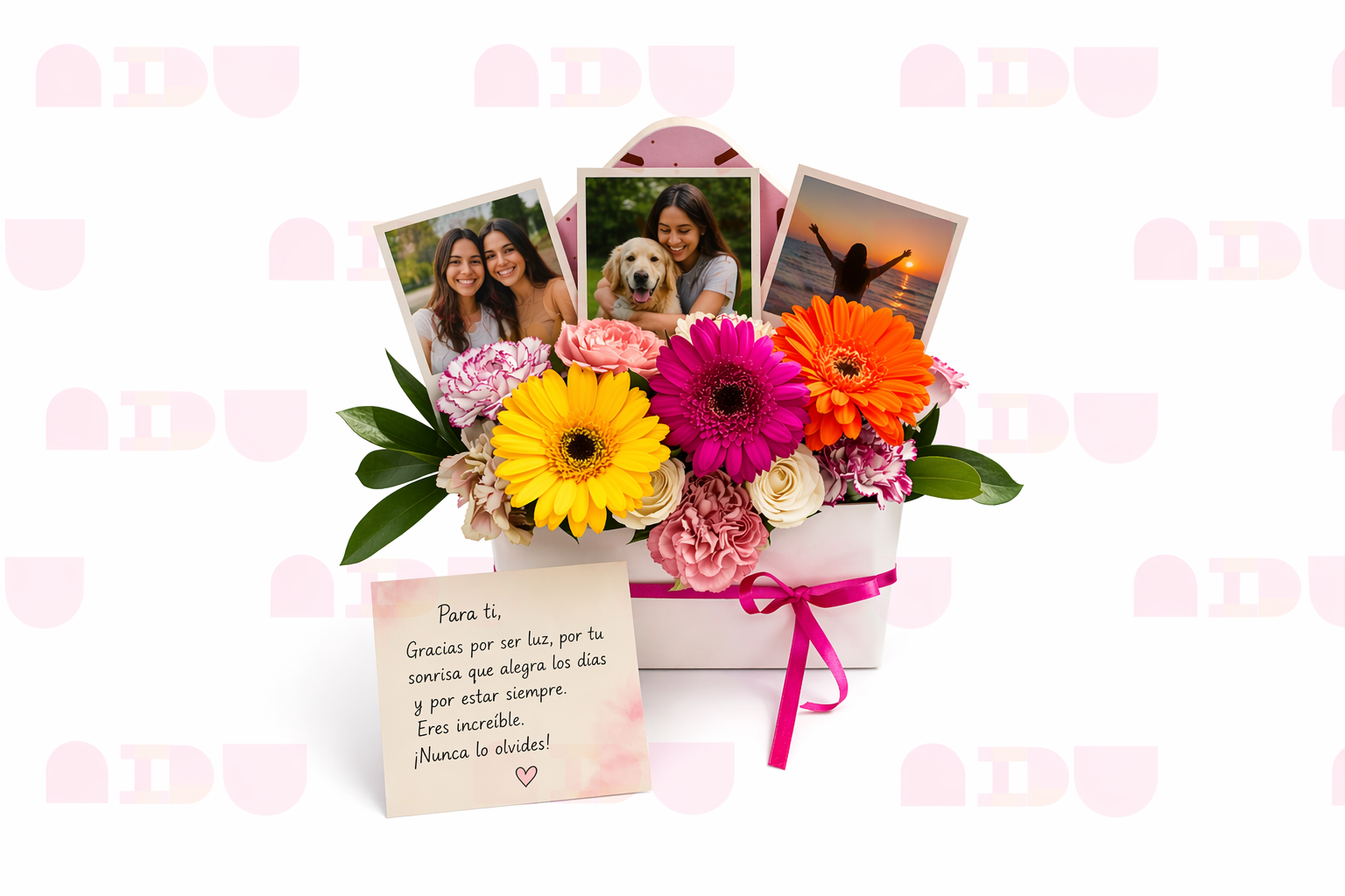 Ramo Alegría en caja con flores de colores y fotos