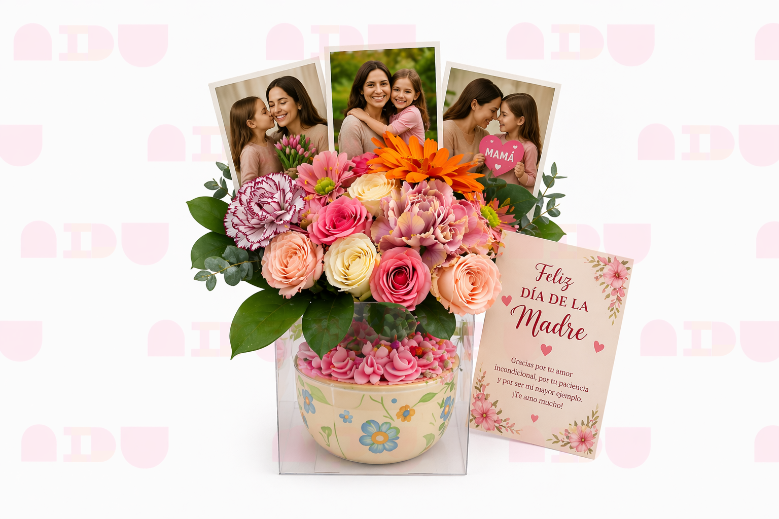 Ramo Cenicienta con flores, torta y carta personalizada